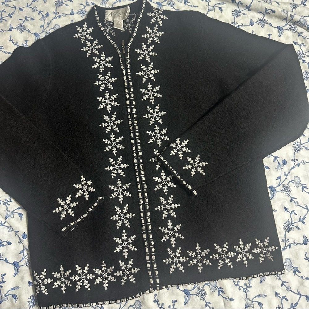 Casual Corner Annex Black Wool Cardigan with Snowflake Embroidery